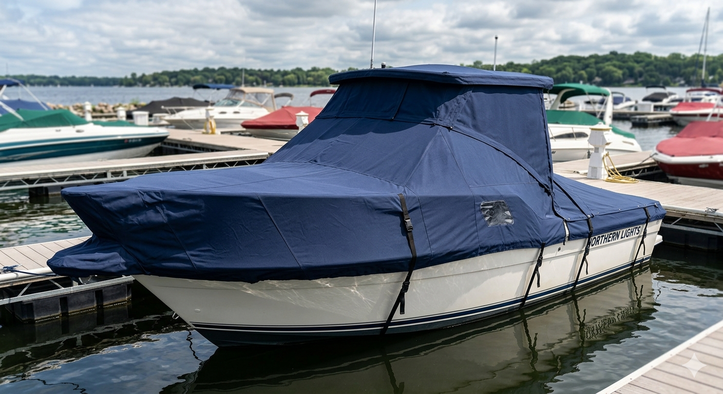 Blue-covered boat docked at marina.