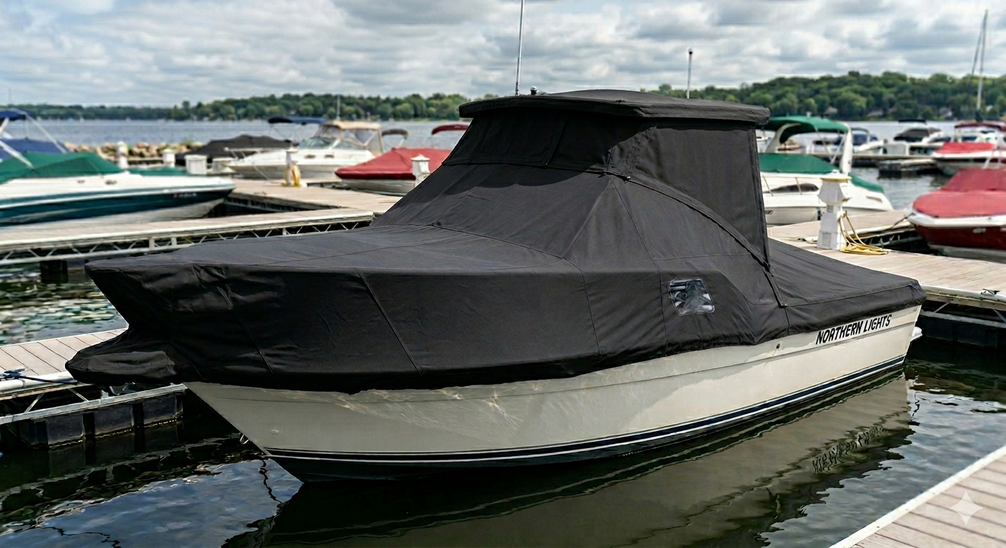 Boat with black cover docked at marina.
